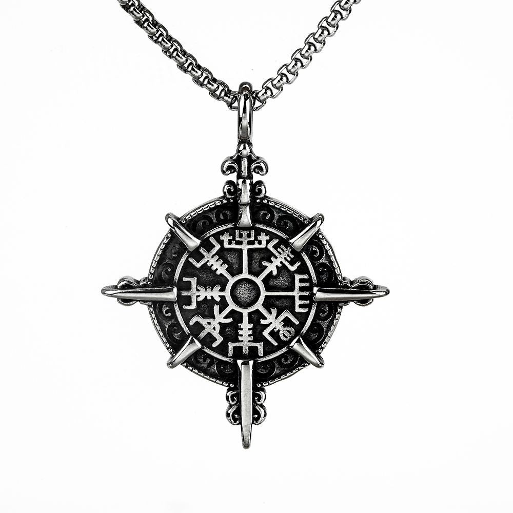 Vintage Nordic Men's Stainless Steel Viking Compass Pendant