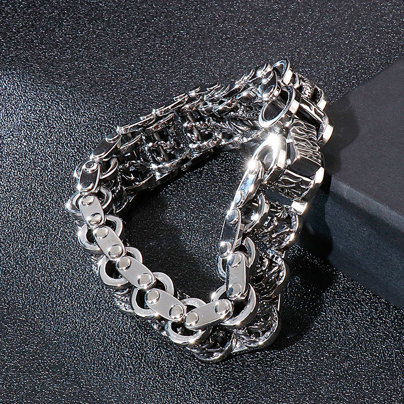 Vintage Dragon Bicycle Chain Men's Stainless Steel Bracelet - Bold Retro Hand Jewelry for a Dominant Look