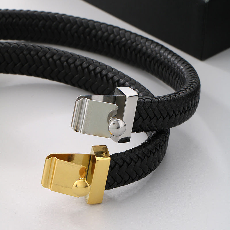 Planderful Mens Leather Bracelet Lion Head Titanium