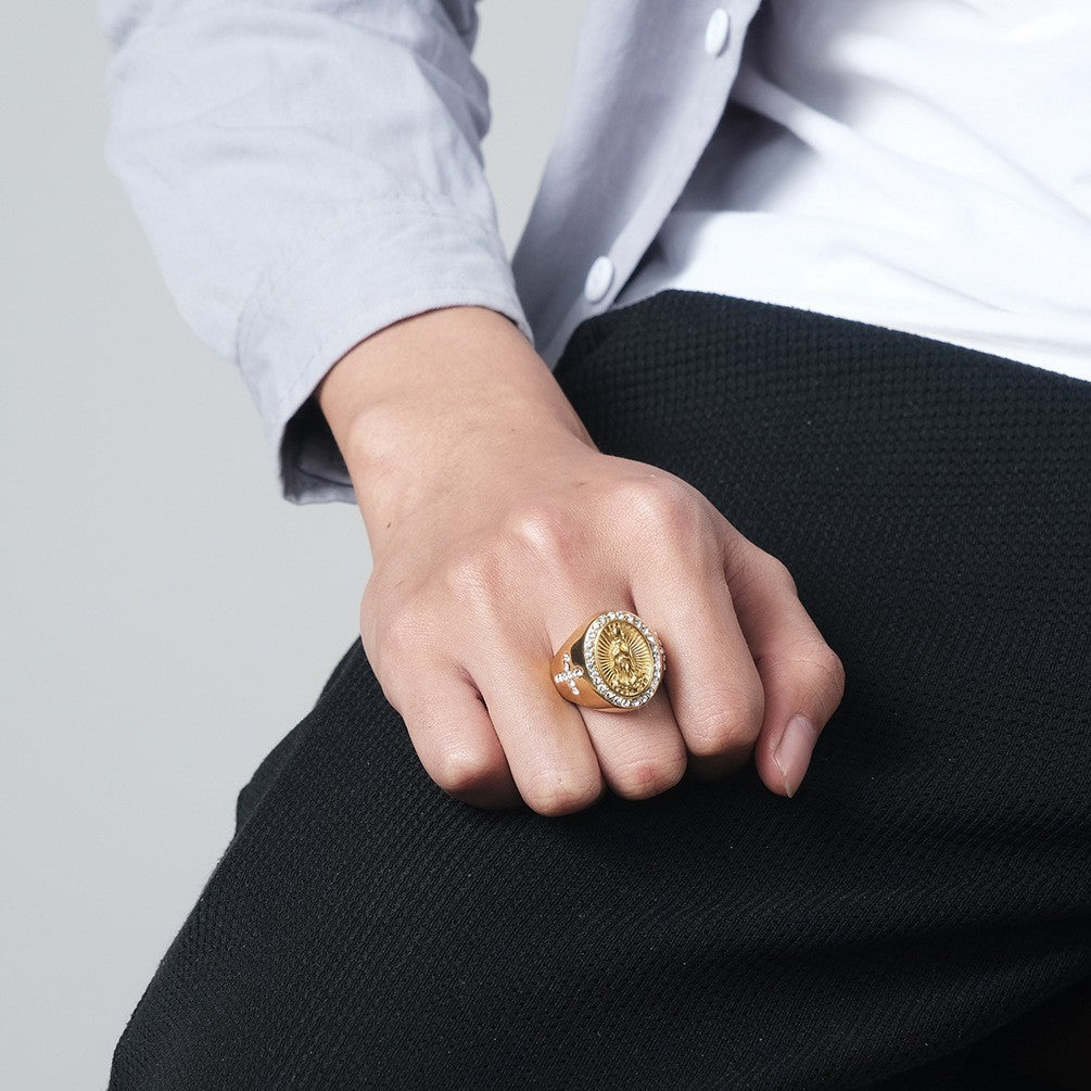 Planderful Virgin Mary Cross Zircon Ring Stainless Steel Gold Plated For Women Elegant Jewelry