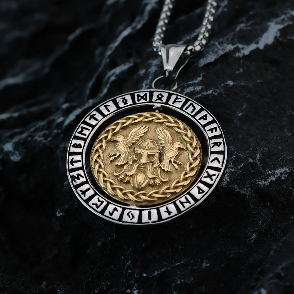 Vintage Nordic Viking Men's Stainless Steel Rune Compass Pendant