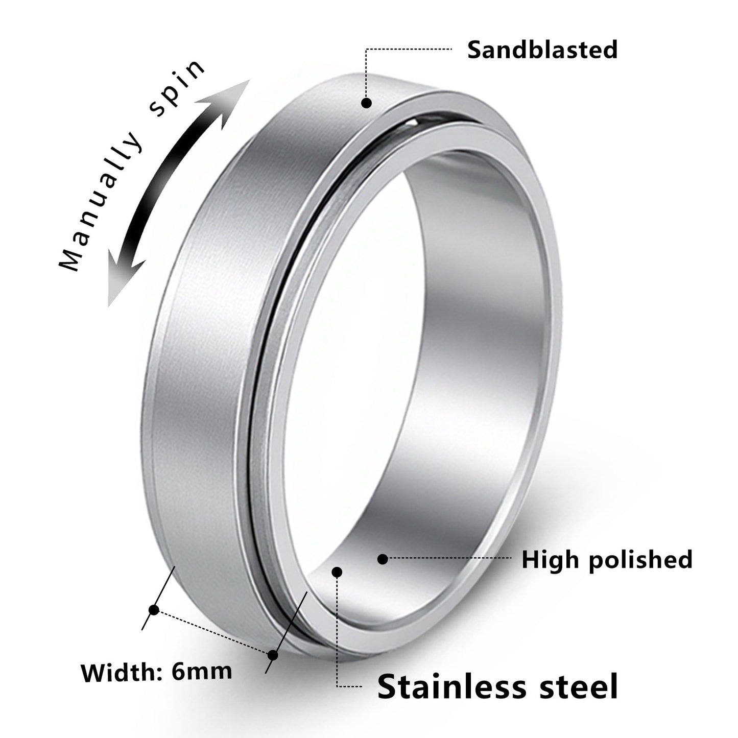 Planderful Everyday Genie Stainless Steel Spinner Ring 6mm Unisex Matte Finish Stress Relief