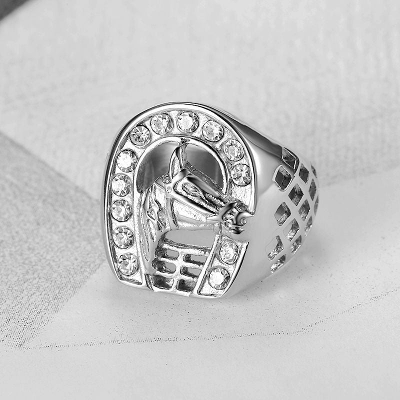 Mens Ring Planderful Titanium Steel Gold Plated Zircon Horse Head Hip Hop Urban Style