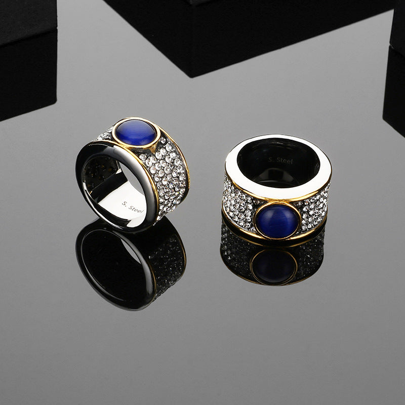 Hophip Full Zircon Jewelry, Vintage French Luxury Zircon Sapphire Titanium Steel Men's Ring