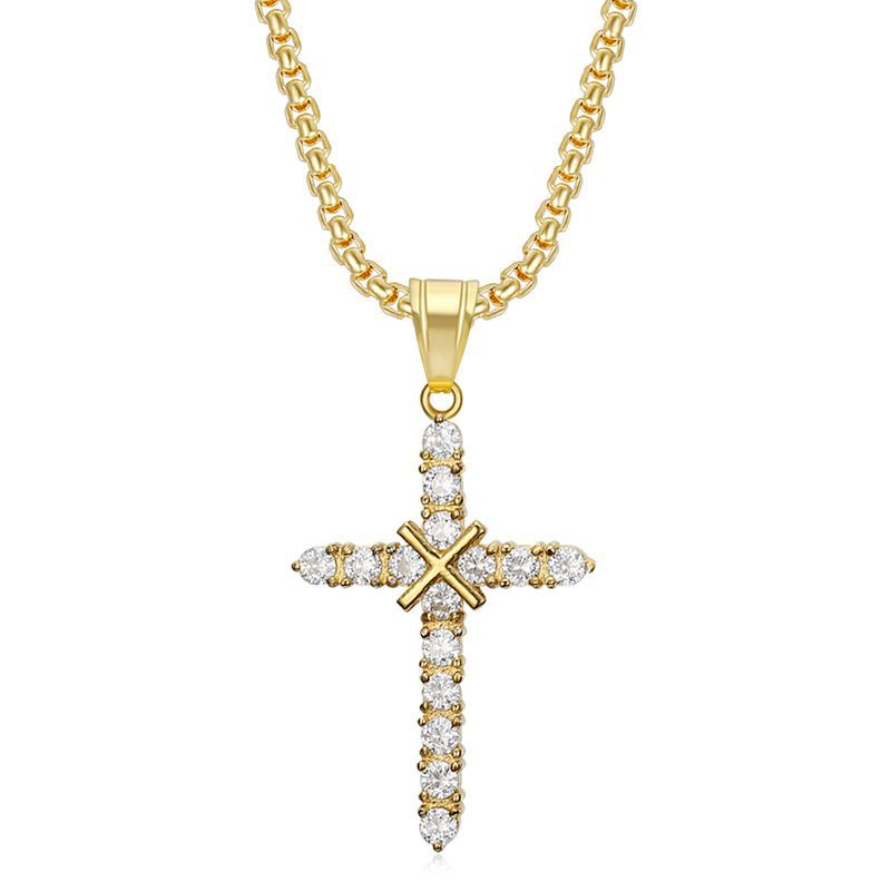 Planderful Hip Hop Jewelry Titanium Steel Gold Plated Zircon Cross Pendant Necklace For Men