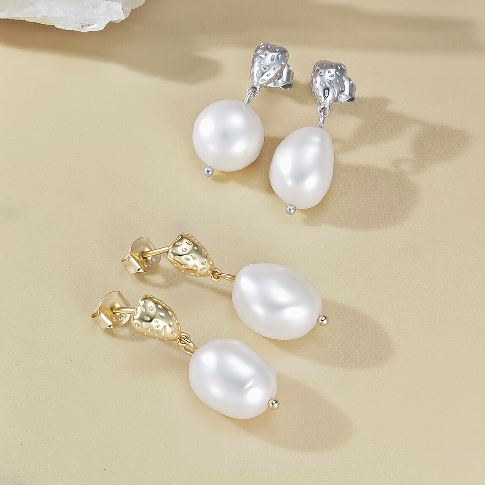 S925 Sterling Silver French Retro Baroque Natural Pearl Stud Earrings Light