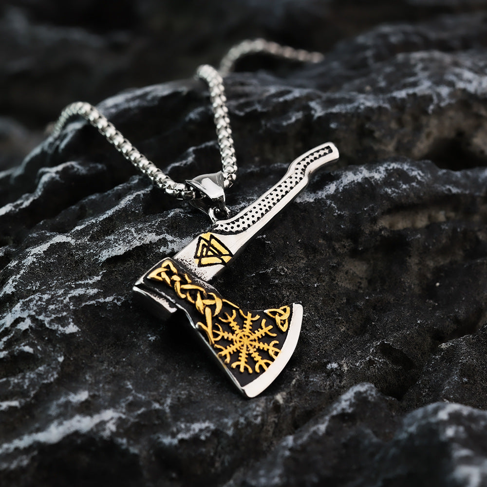 Planderful Norse Viking Pendant Double Sided Axe Compass Celtic Stainless Steel For Men
