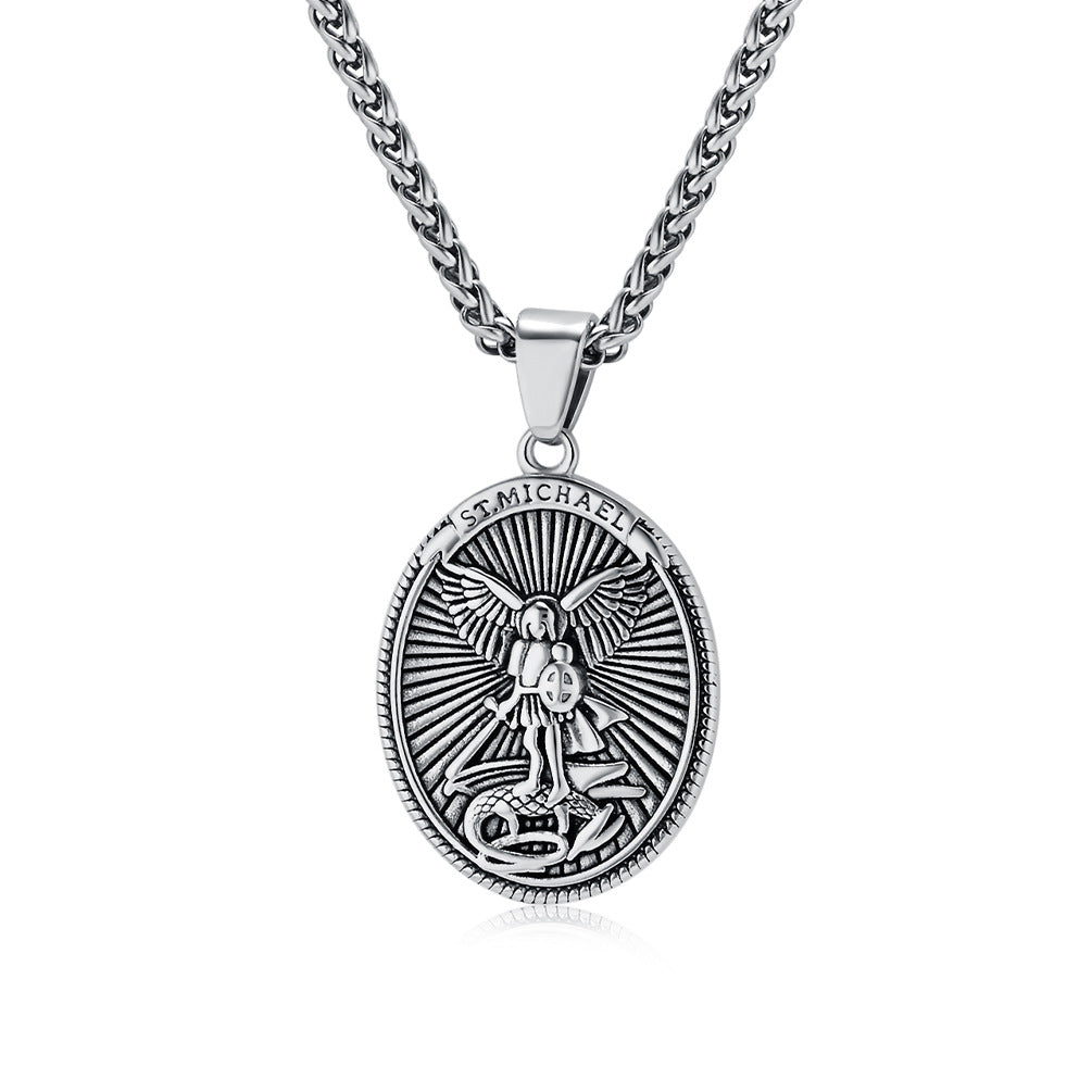 Steel Necklace - Vintage Archangel Oval Pendant For Everyday Wear And Spiritual Symbol Jewelry By Planderful