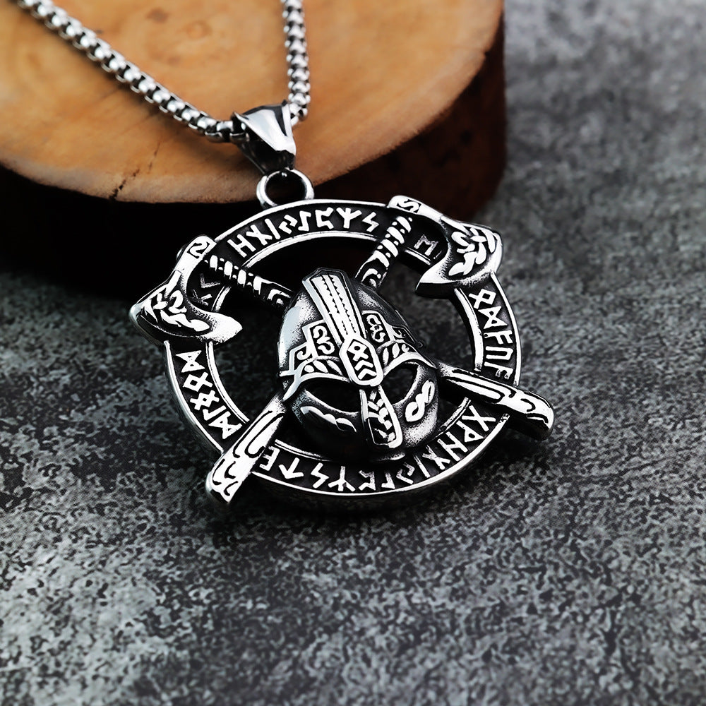 Nordic Viking Rune Double Axe Helmet Stainless Steel Pendant Necklace