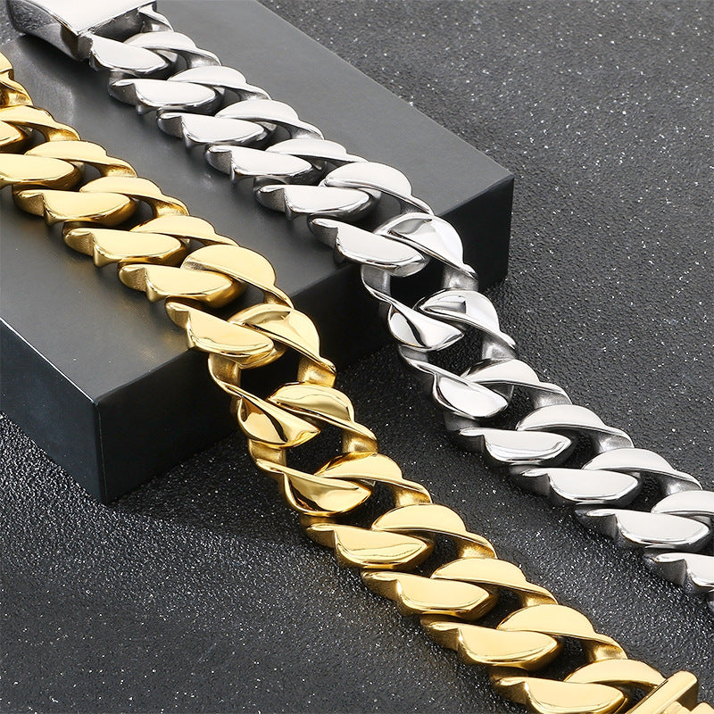 Glossy – In Europe & The United States – 21mm Stainless Steel Wavy Edge Cuban Chain Bracelet