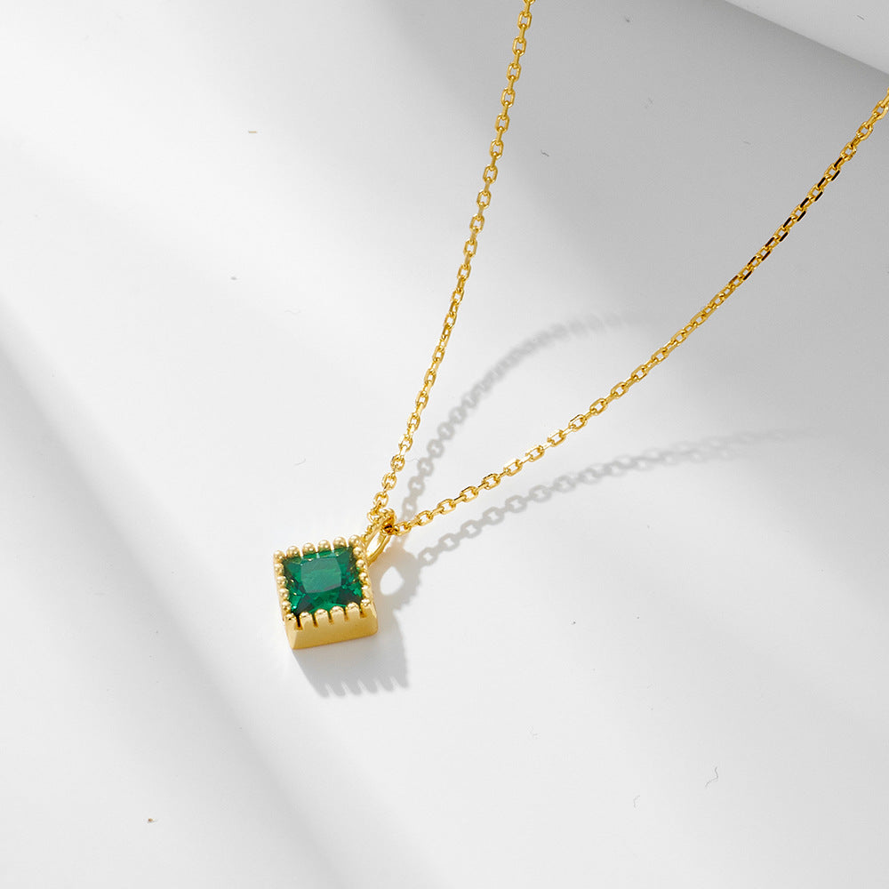 Square Emerald Green Zircon Pendant Silver Necklace