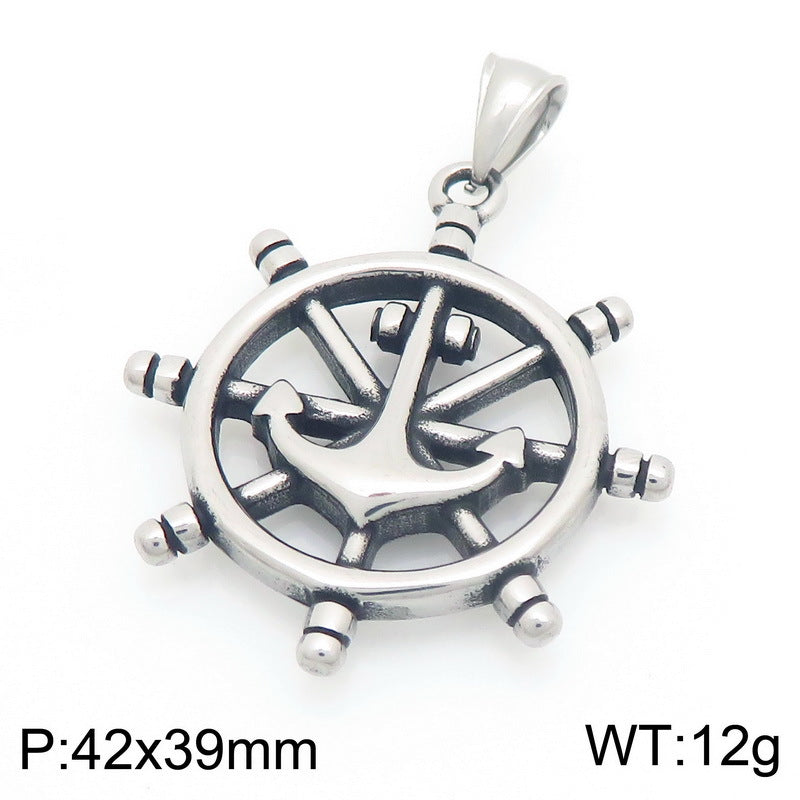 Dark Retro Nautical Rudder Pendant, Punk Retro Cross Skull Head Anchor Titanium Steel Necklace