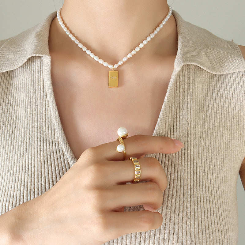 French Style Freshwater Pearl Necklace with Gold Brick Pendant