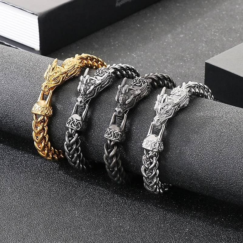 Planderful Zodiac Dragon Titanium Steel Mens Bracelet