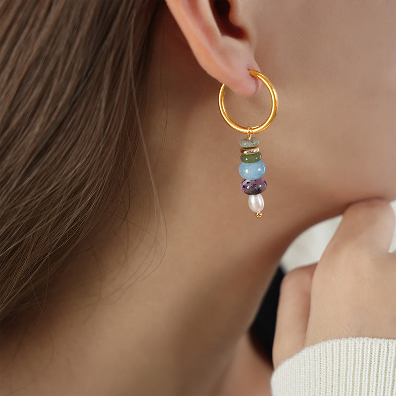 European Chic Stone Bead Pendant Earrings in Gold for Women's Jewelry