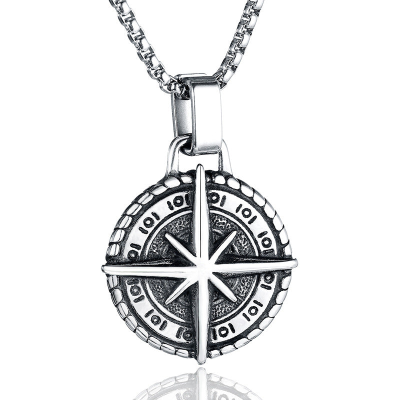 Retro Punk Men's Titanium Steel Compass Pendant Necklace - European and American Design