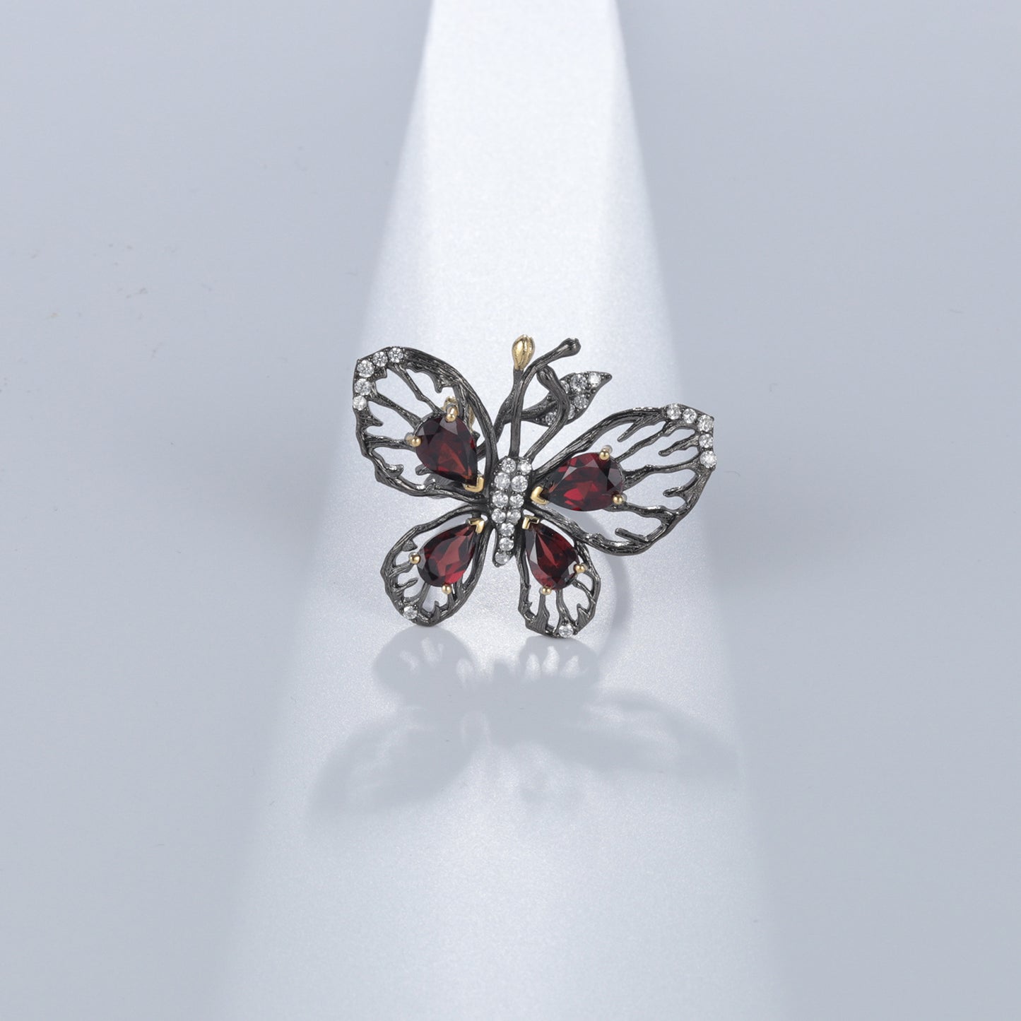 Hollow Out Butterfly Natural Gemstones Opening Silver Ring