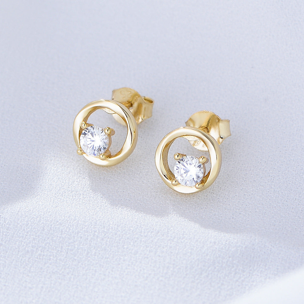 S925 Sterling Silver Geometric Round Hollow Zircon Earrings Femininity High-End Stud Earrings
