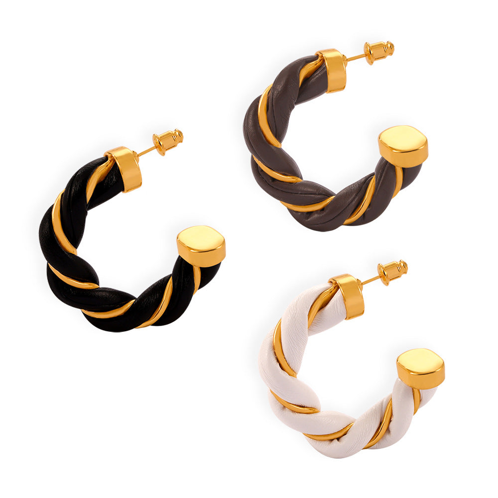 Copper C-Shaped Geometric Earrings with Leather Wrap