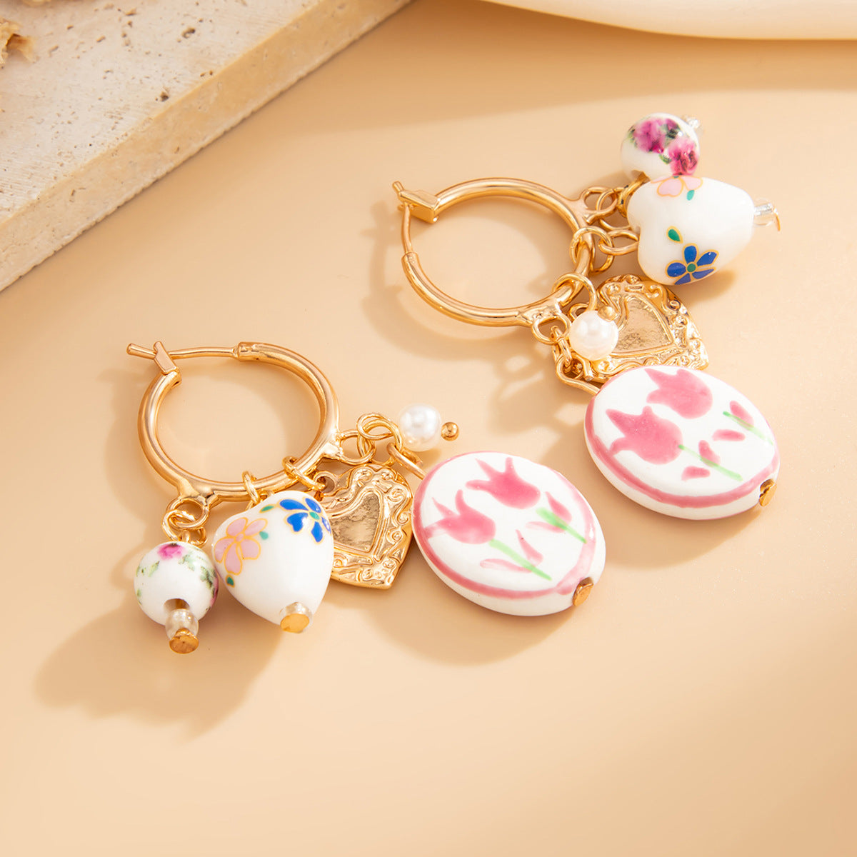 Planderful Pearl Heart Pendant Earrings Vienna Verve For Women Ceramic Flower Design Stunning Statement Jewelry