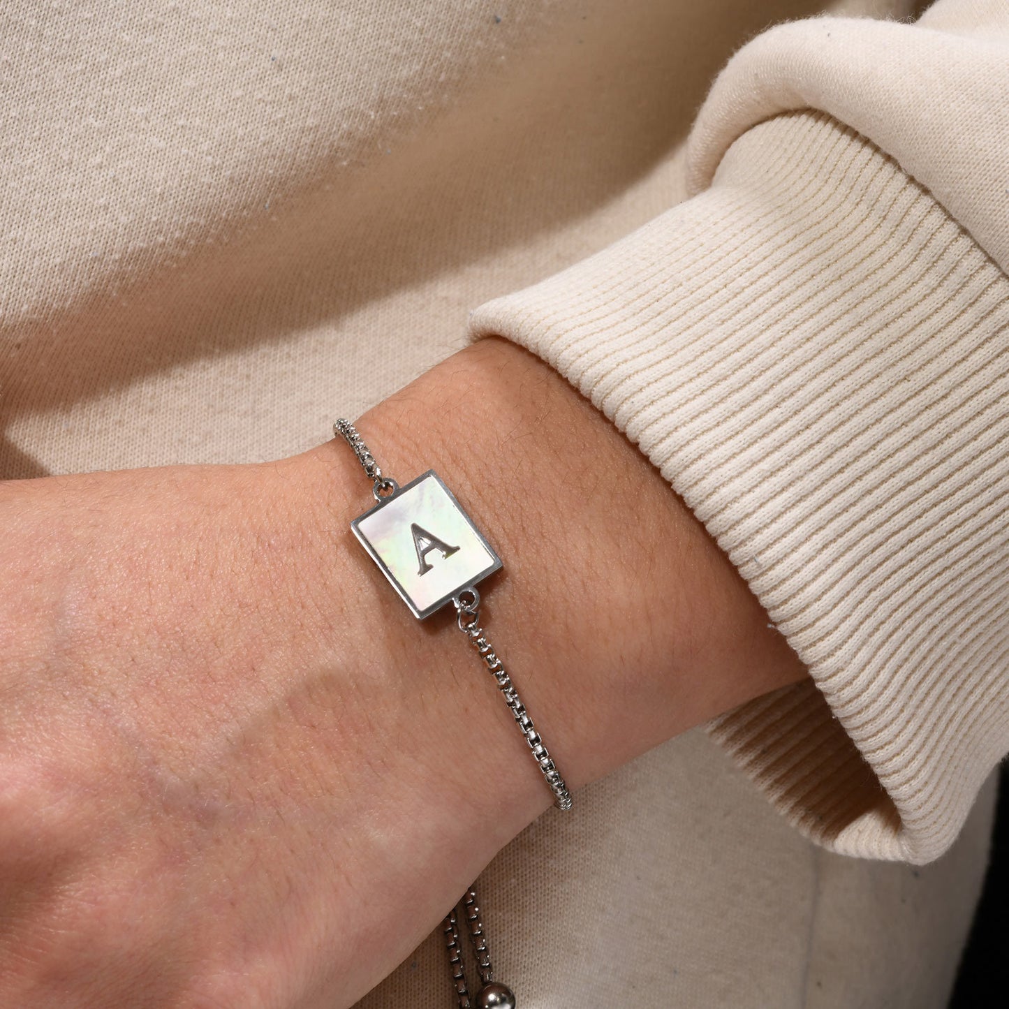 Stainless Steel Shell Letter Square Pearl Chain Ladies Bracelet