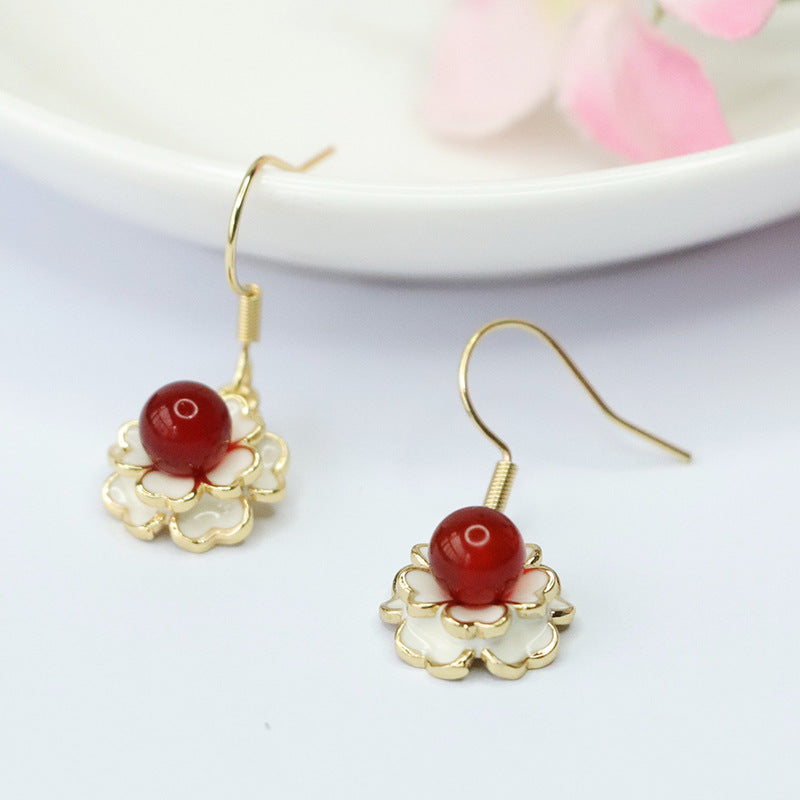 Pigeon Blood Red Agate Earrings with Camellia Flower Ear Hooks