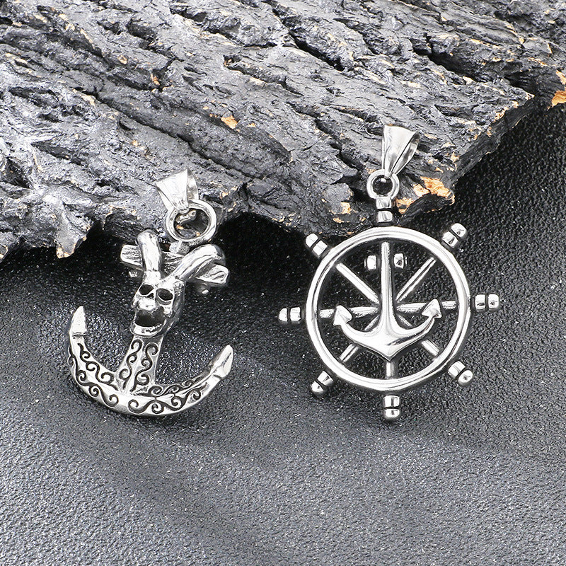 Dark Retro Nautical Rudder Pendant, Punk Retro Cross Skull Head Anchor Titanium Steel Necklace