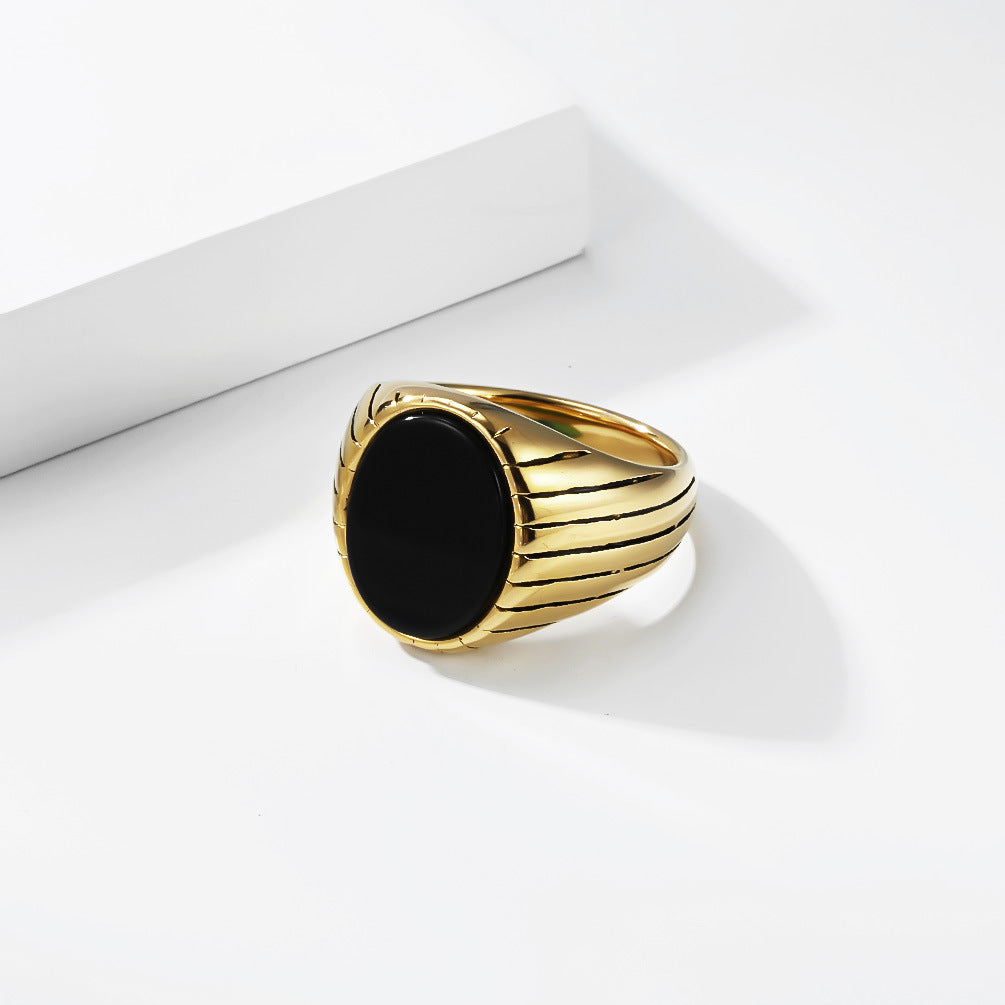 Minimalist Stainless Steel Black Gemstone Ring Men's