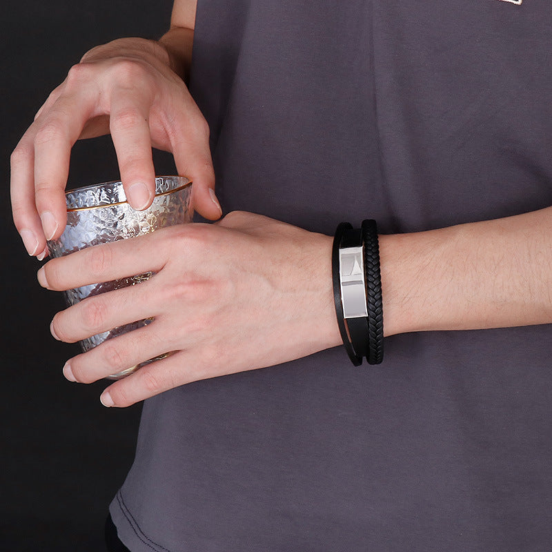 Planderful Everyday Genie Mens Leather Steel Curved Bracelet