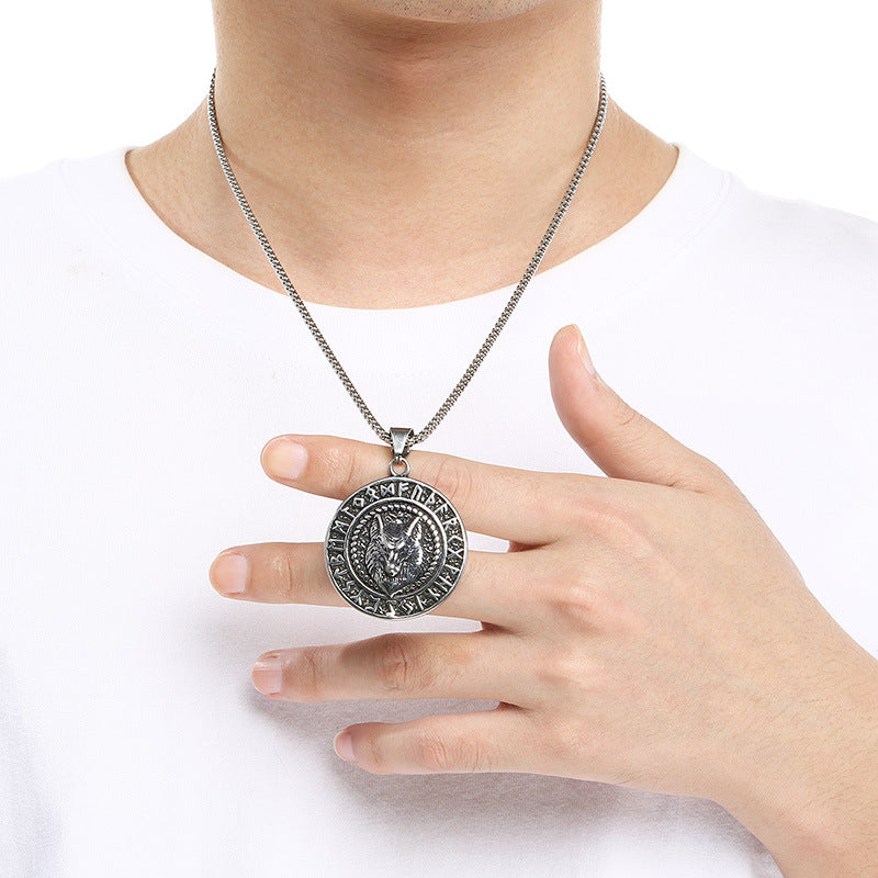 Viking Mythology World Tree Double Wolf Disc Pendant, Nordic Luhn Rune Crow Deer Necklace
