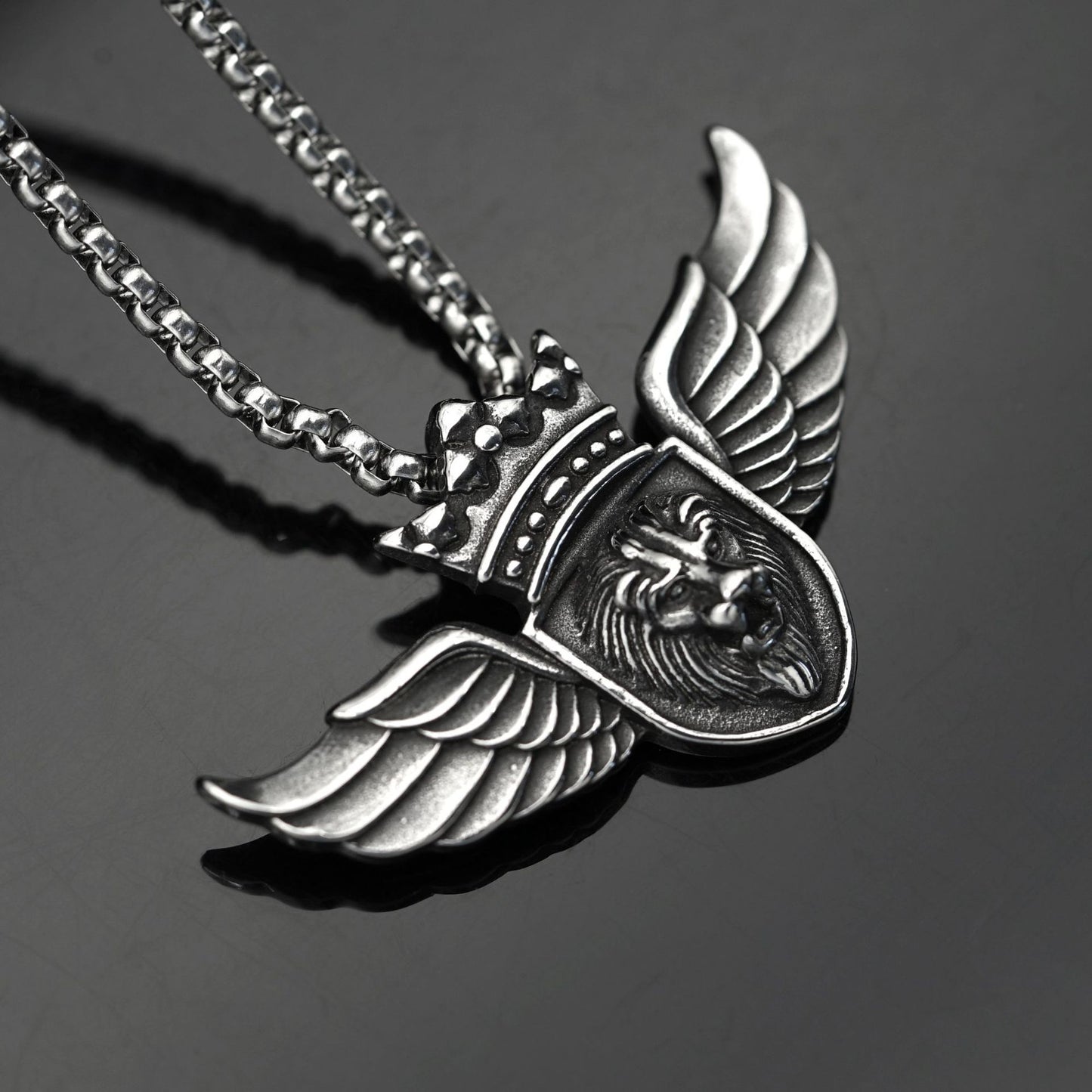 Steel Necklace - Vintage Winged Lion Head Crown Pendant For Bold Everyday Wear And Collectible Style