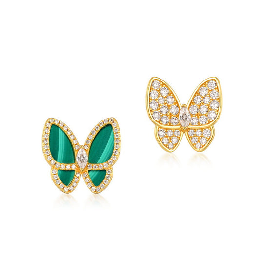 Zircon and Malachite Asymmetric Butterfly Sterling Silver Stud Earrings