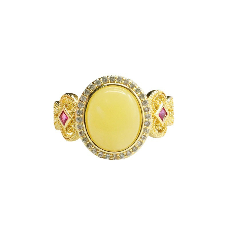 Organic Oval Honeycomb Amber Zircon Halo Vintage Ring
