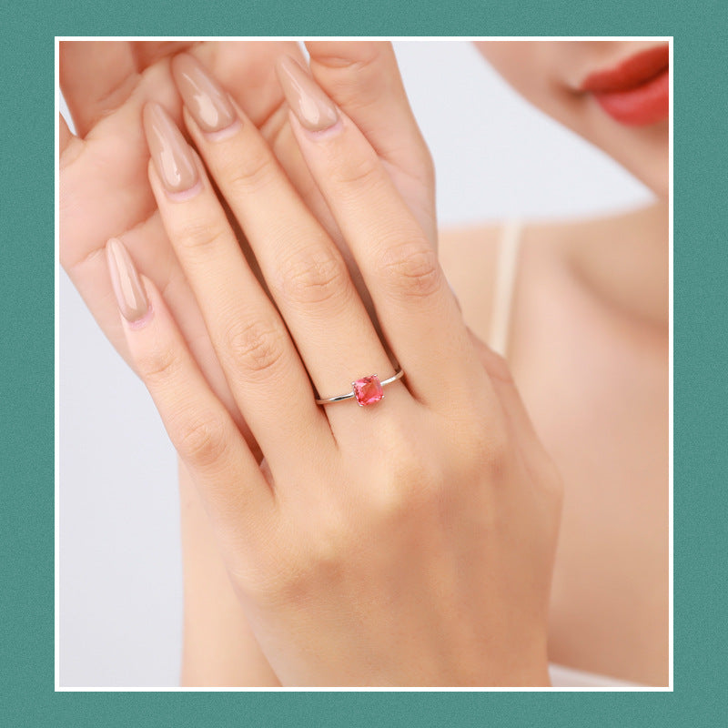 S925 Sterling Silver Square Watermelon Tourmaline Ring