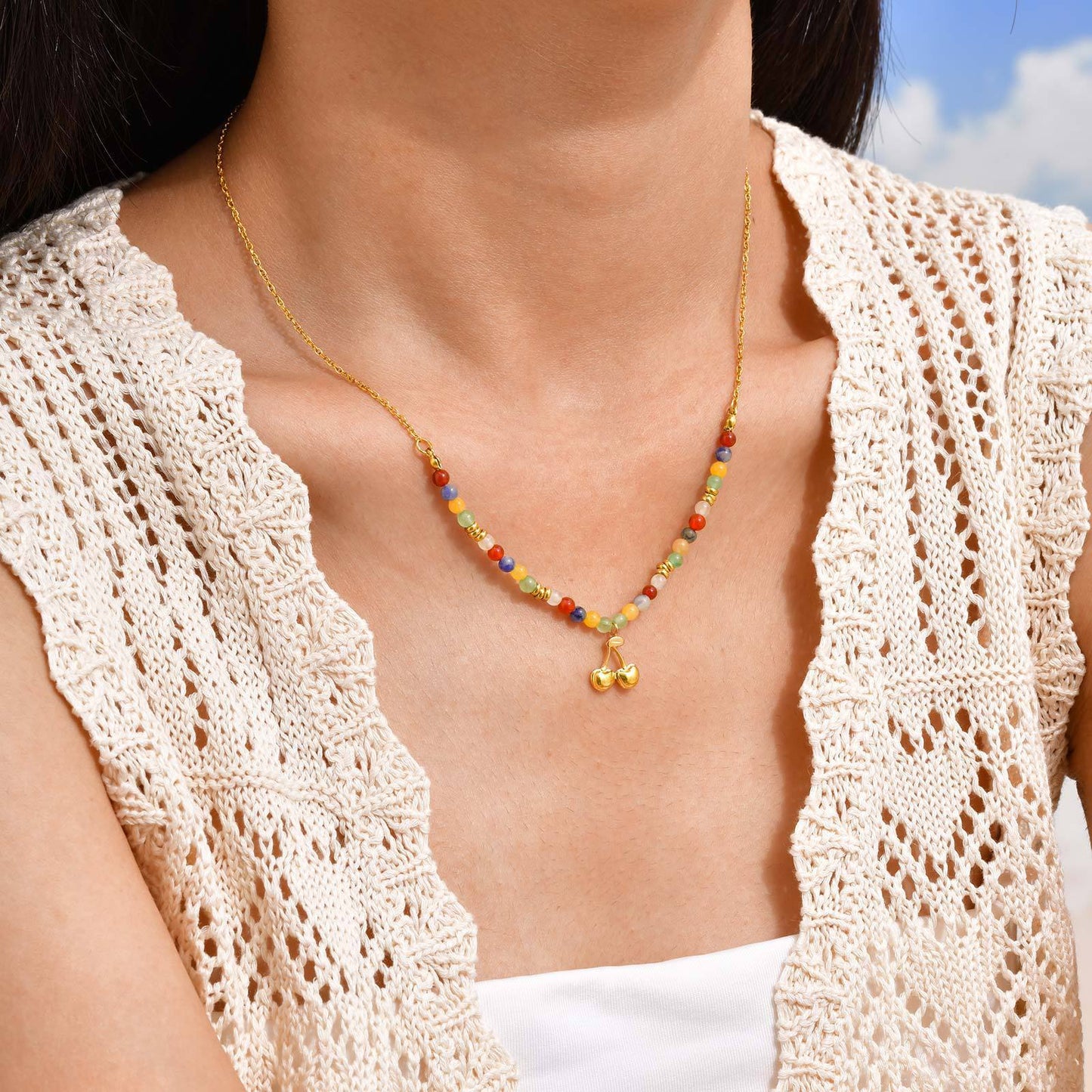 Stainless Steel Colored Natural Stone Bead Cross Cherry Teardrop Heart-Shaped Necklace