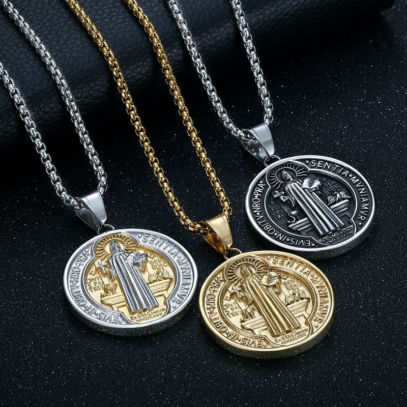 Saint Benedict Exorcism Pendant Necklace By Planderful Titanium Steel Gold Plated For Hip Hop Fans
