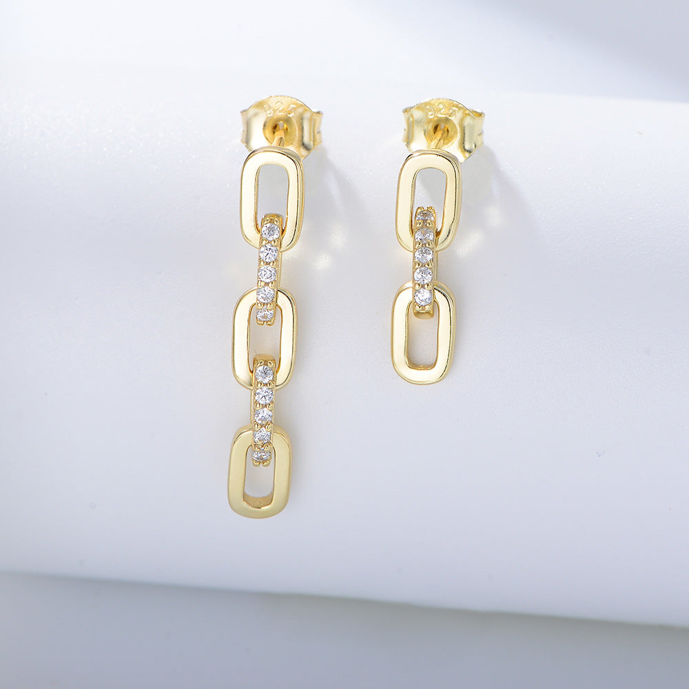 S925 Sterling Silver Personalized Retro Chain Earrings Punk Long And Short Asymmetric Zircon