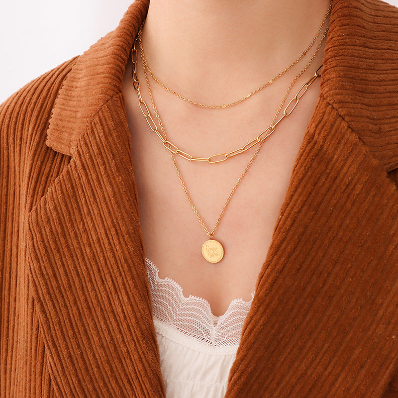 European-American Cool Style Titanium Steel Pendant Necklace with English Letter Round Label