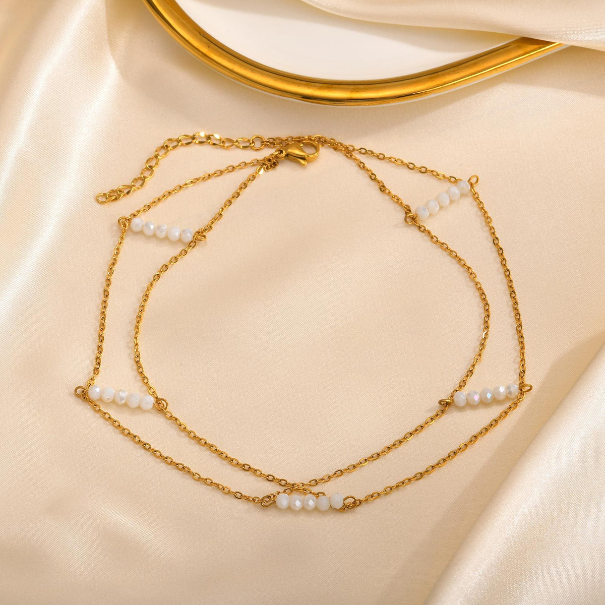 Chokers Stainless Steel Flat Cross Chain White Crystal Cut Beads Double Gold Necklace