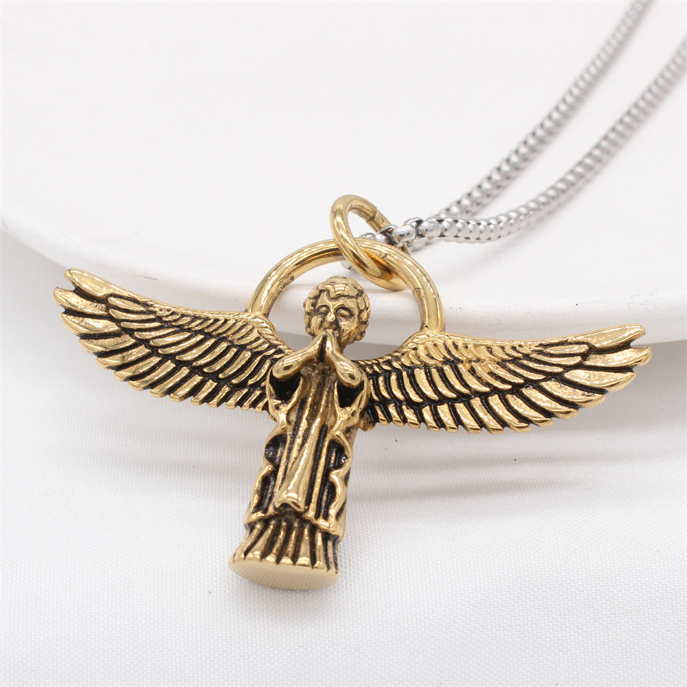 Planderful Everyday Genie – European and American Retro Angel Cupid Men’s Titanium Steel Pendant Necklace
