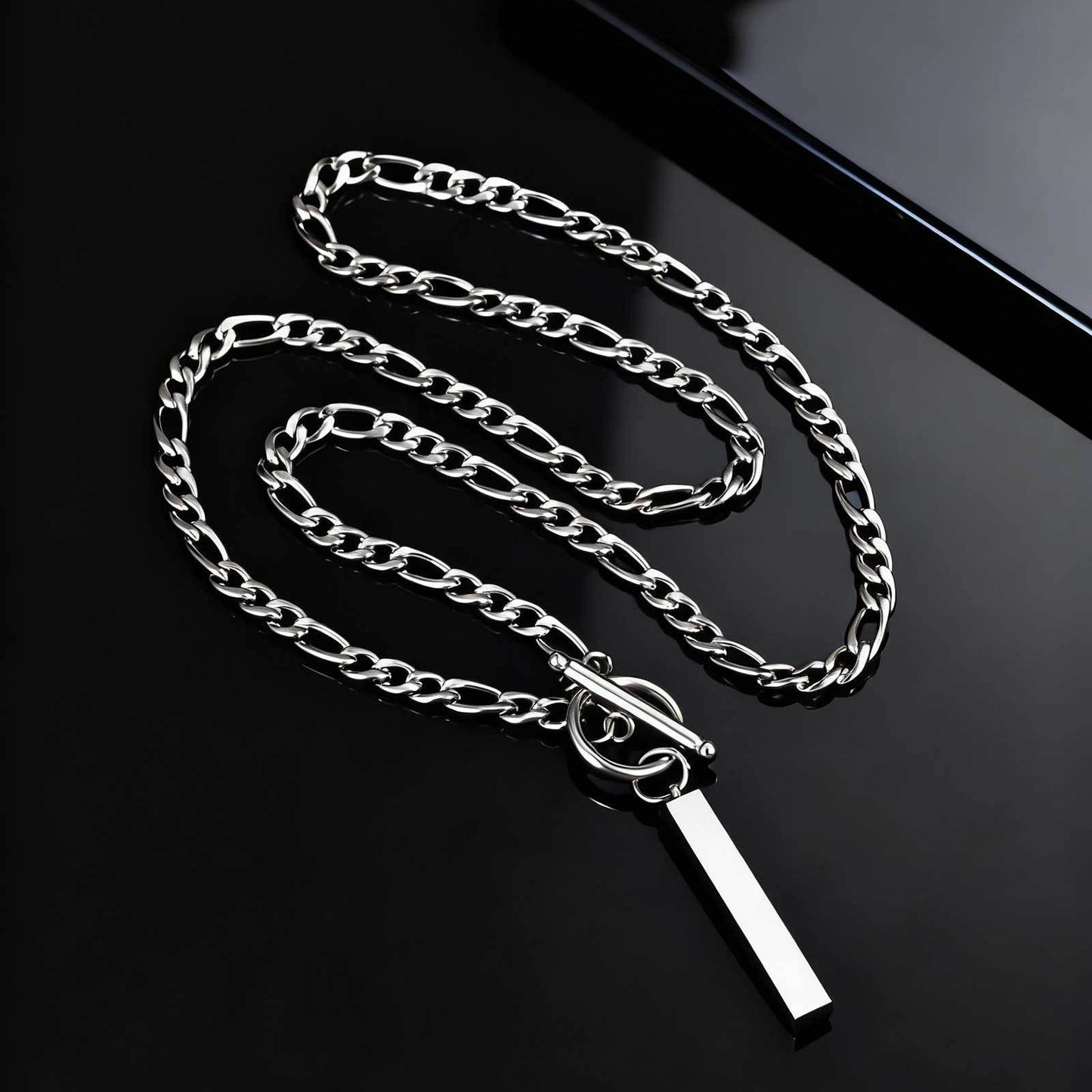 Stainless Steel Minimalist Street Style Chain Toggle Clasp Rectangular Strip Necklace Men