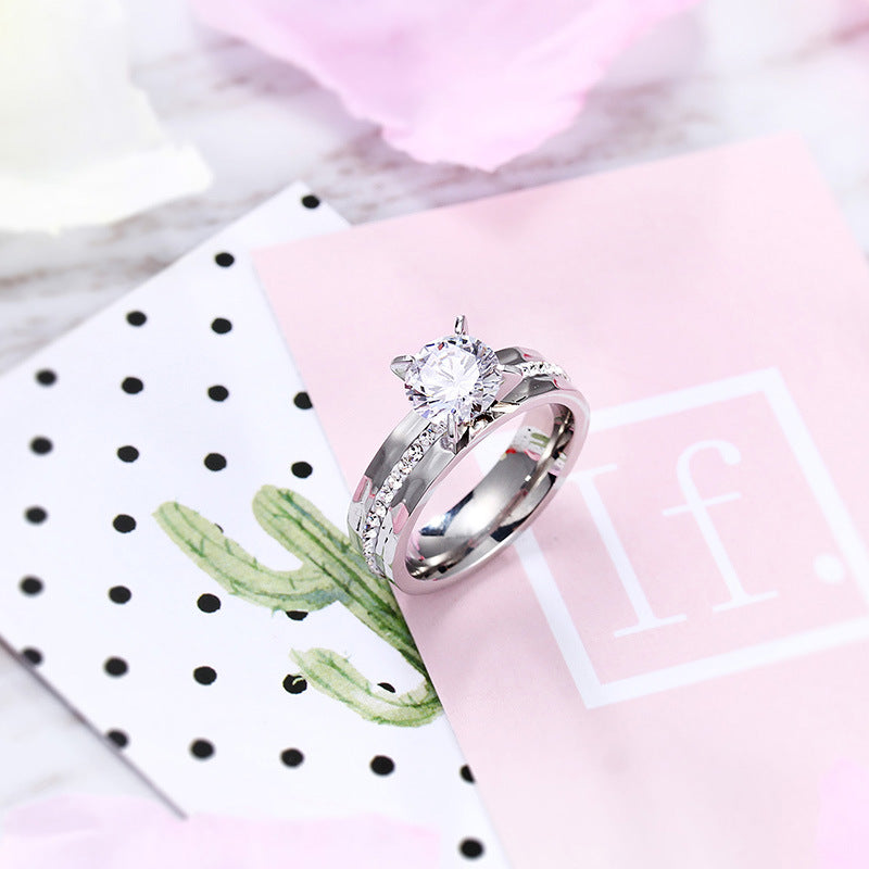 Hammer Texture Inlaid Zircon Titanium Steel Couple Ring, Stainless Steel Pair Ring Valentine's