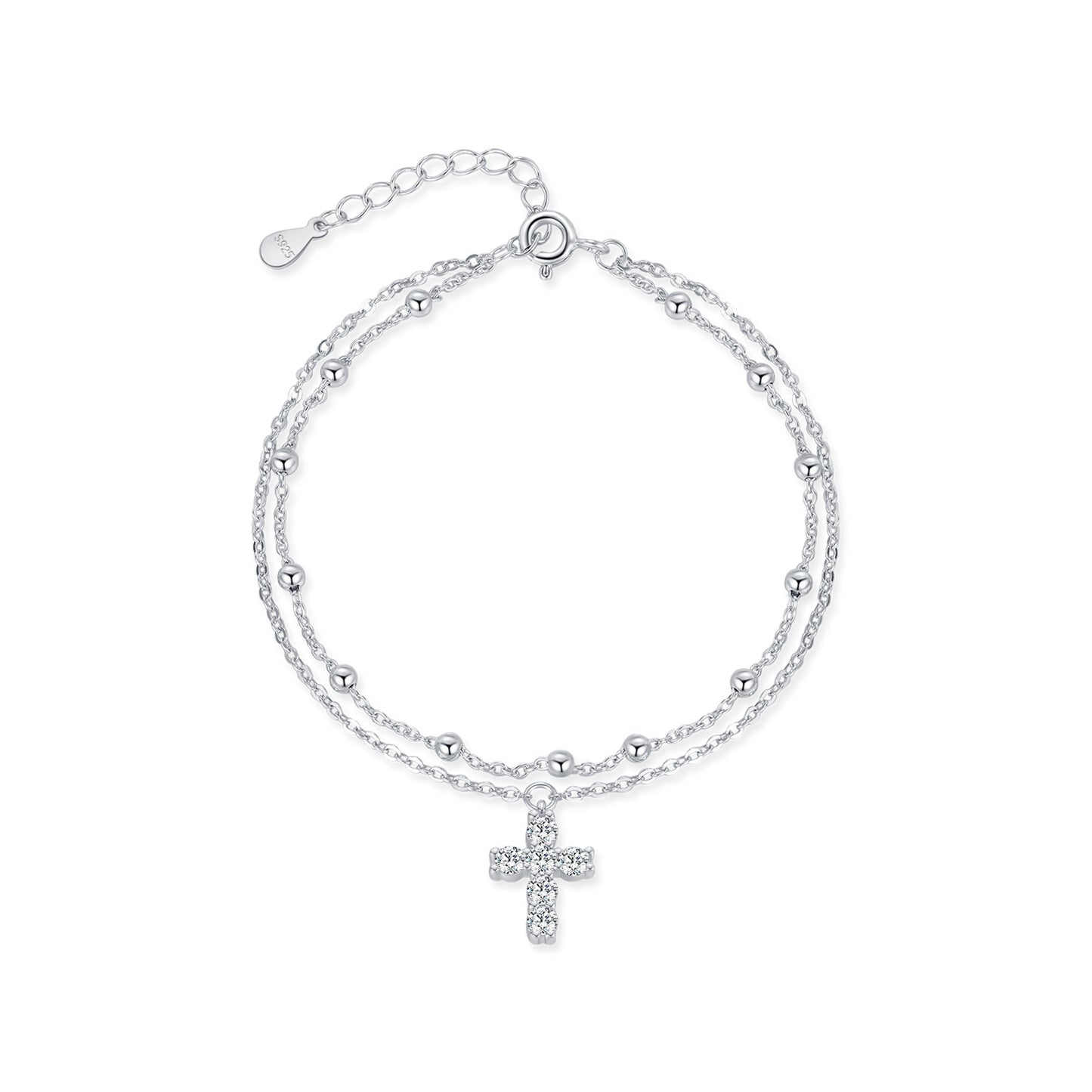 Planderful Everyday Genie Double Layer Stacked Cross Bead Bracelet – Elegant Sterling Silver Design