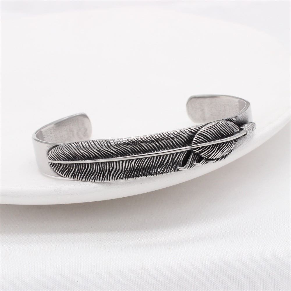 Titanium Steel Bracelet Feather Charm Unisex Planderful Everyday Genie Protection Statement Jewelry