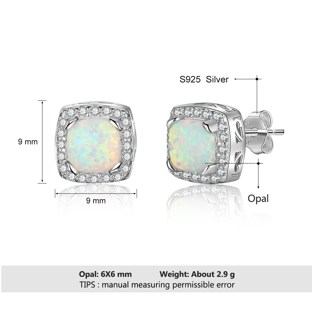 Planderful Jewelry Sterling Silver Opal Stud Earrings With Zircon Halo In Elegant Round Design
