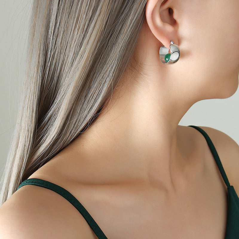 Elegant Green U-Shaped Earrings - Titanium Steel with 18K Gold Plating