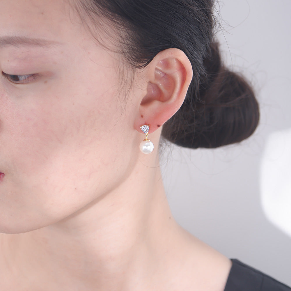 Korea Dongdaemun Love-Shaped Zircon Earrings Femininity Style Sterling Silver Pearl Earrings Stud Earrings