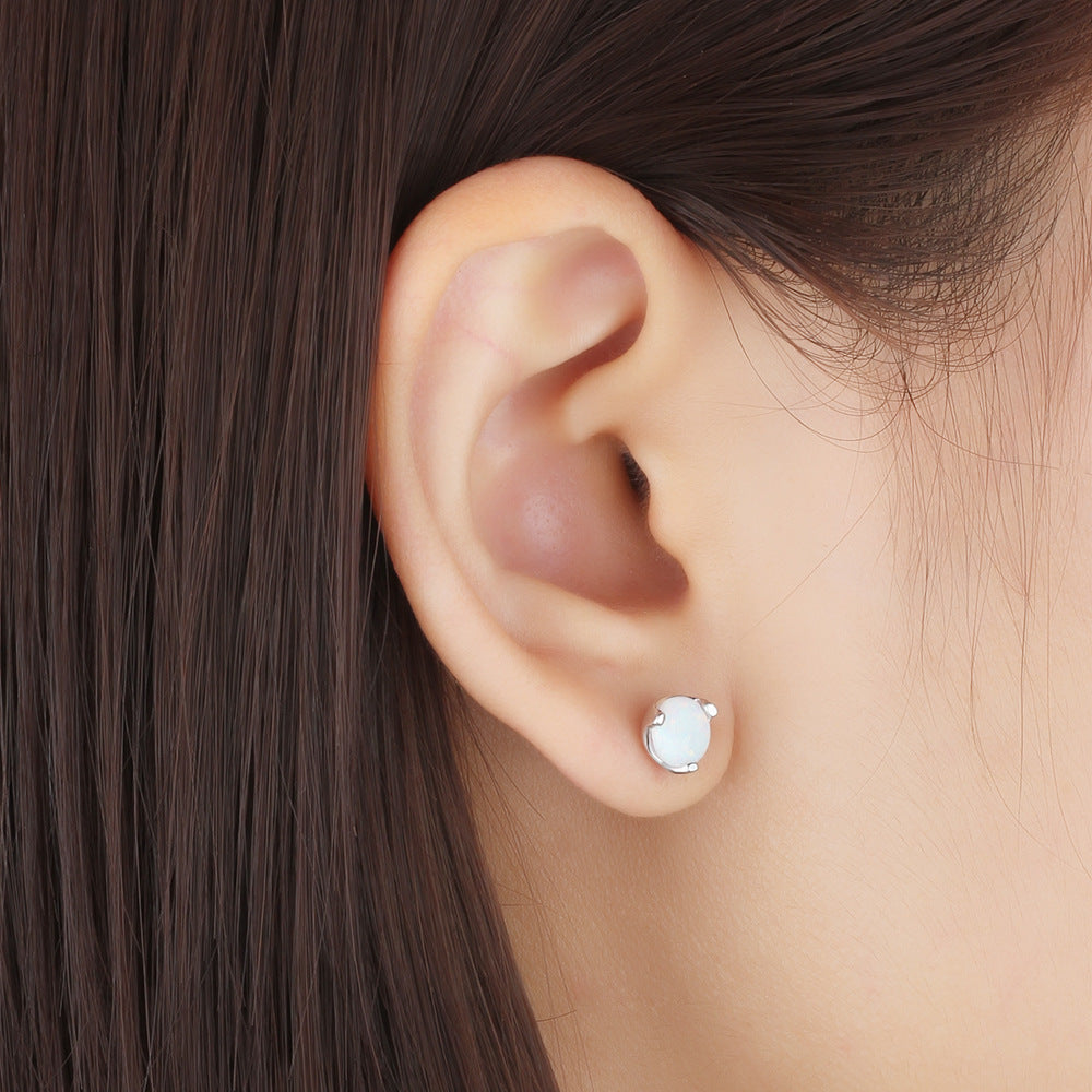 Planderful Jewelry Opal Earrings Sterling Silver Three-Prong Round White Opal For Women