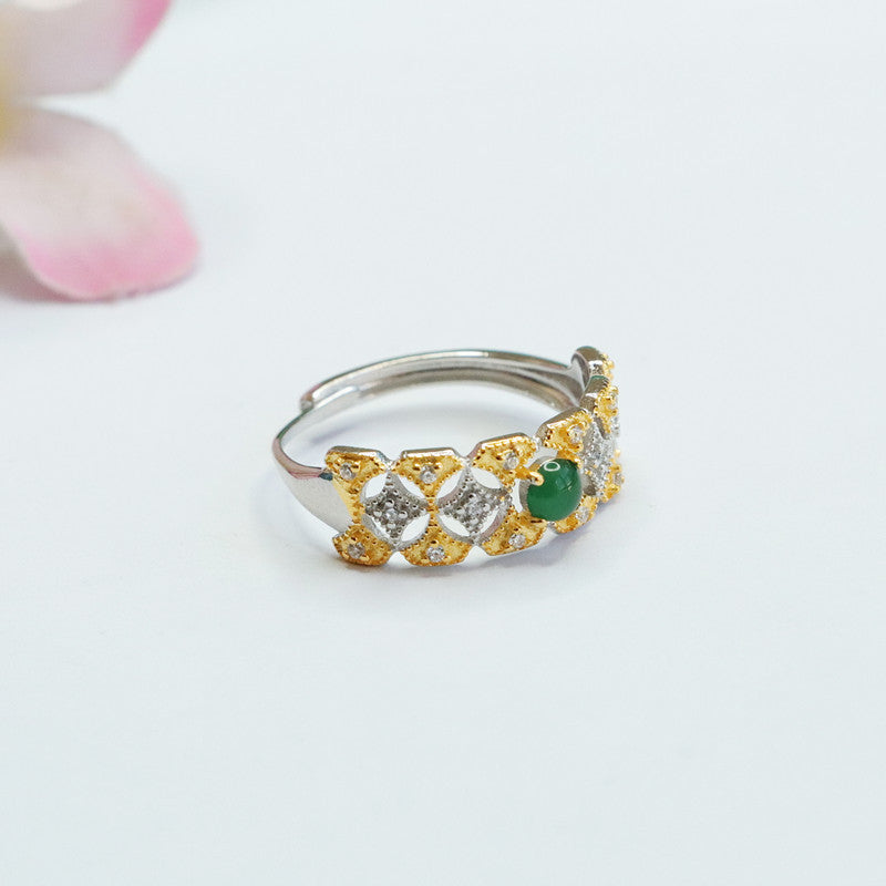 Sterling Silver Fortune's Favor Jade Ring with Zircon Star Accents