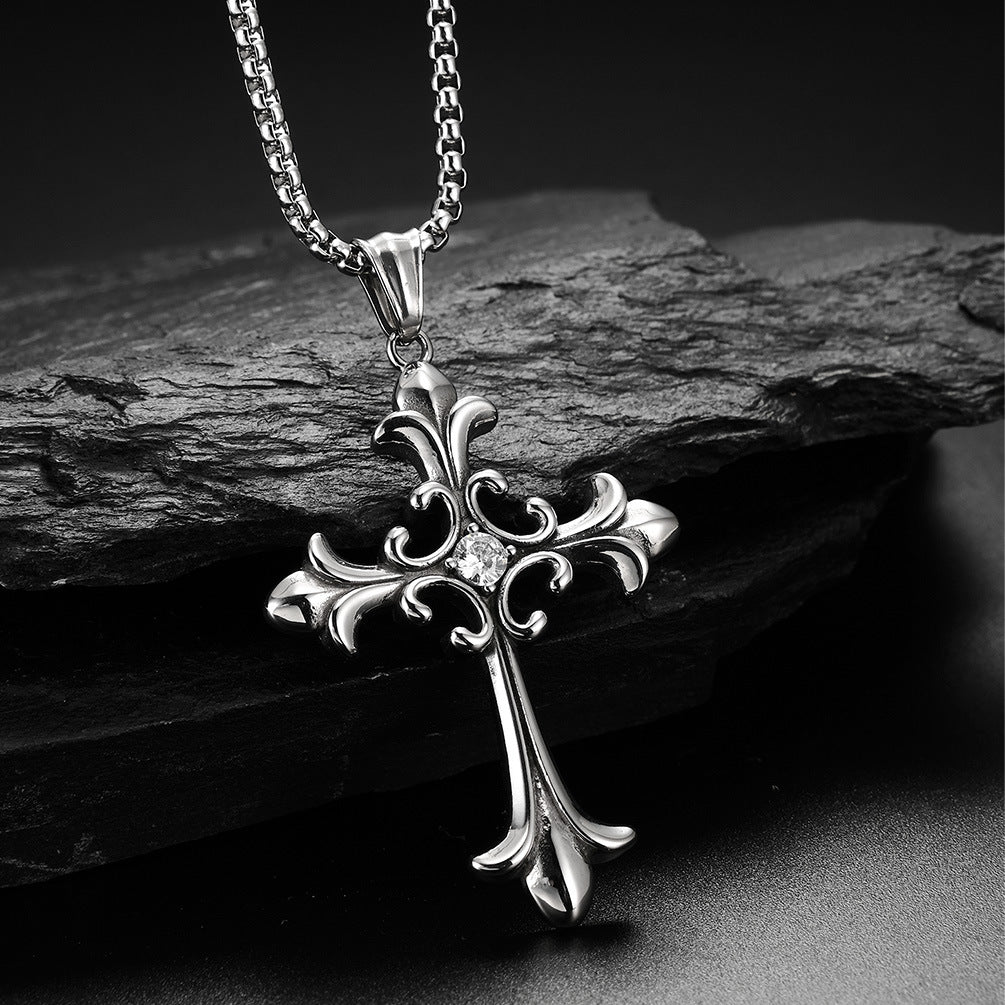 Gothic Retro Cross With Zircon Titanium Steel Pendant Necklace